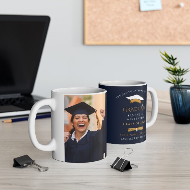 Graduation 2024 Gold White Graduate Keepsake Photo Coffee Mug (Graduation Photo Typography 11oz White Coffee Mug)