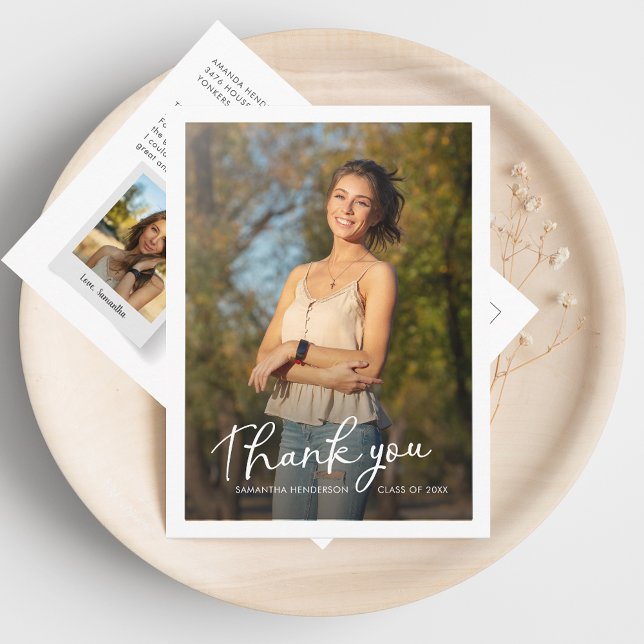 Graduation 2024 Multi Photo Script Thank You Postcard (Graduation 2 Photos Grad Thank You Card)