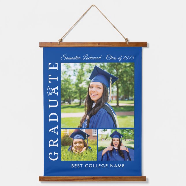 Graduation 2024 Photo Collage Blue Grad Keepsake Hanging Tapestry (Front)