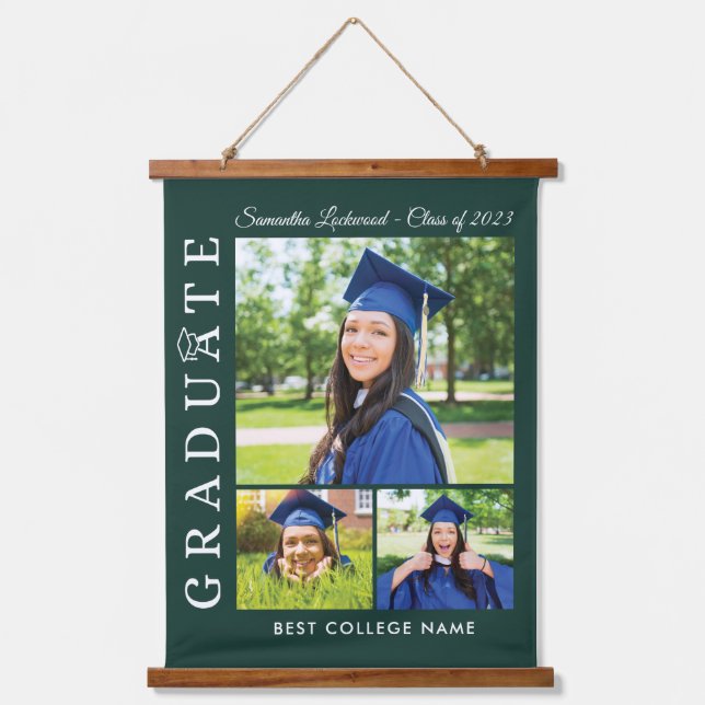 Graduation 2024 Photo Collage Green Grad Keepsakes Hanging Tapestry (Front)