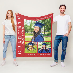 Graduation 2024 Photo Collage Red Grad Keepsake Fleece Blanket