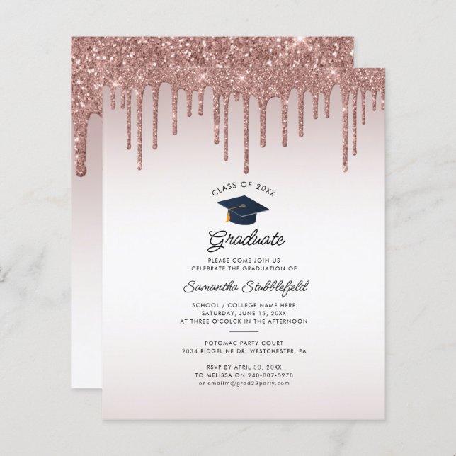 Graduation 2024 Rose Glitter Party Invitation (Front/Back)