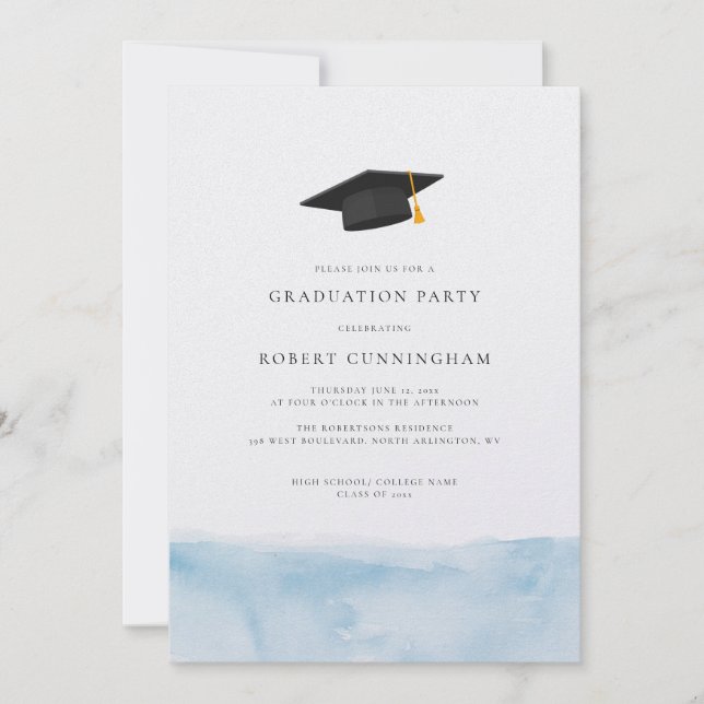 Graduation 2024 Watercolor Blue Ombre Grad Party Invitation (Front)