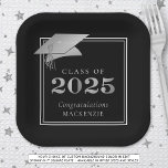 Graduation 2025 Black Faux Metallic Silver Paper Plate<br><div class="desc">Elegant personalised custom colour CLASS OF 2025 graduation party paper plates with CONGRATULATIONS and your graduate's name accented with a faux metallic silver foil 2025 and graduation cap or mortarboard in your choice of background colour (shown in black) you can change to a school colour or coordinating party theme colour....</div>