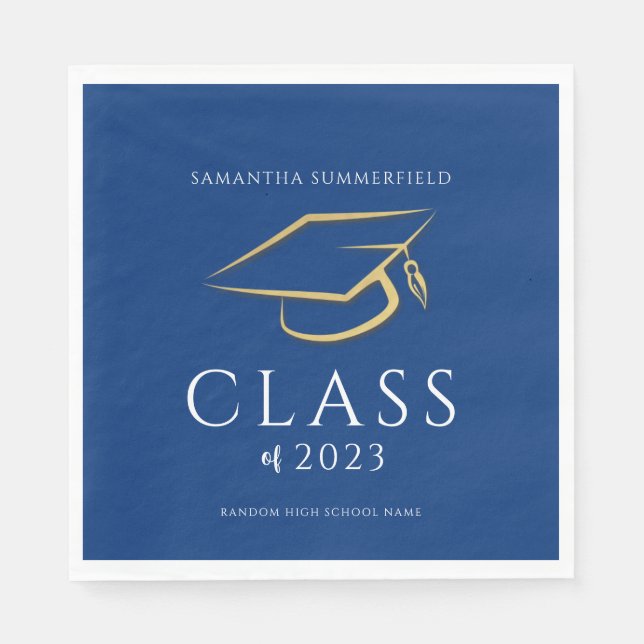 Graduation 2025 Blue Gold Cap Grad Party Paper Napkin (Front)