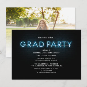 Graduation 2025 Blue Neon Graduate Photo Party Invitation