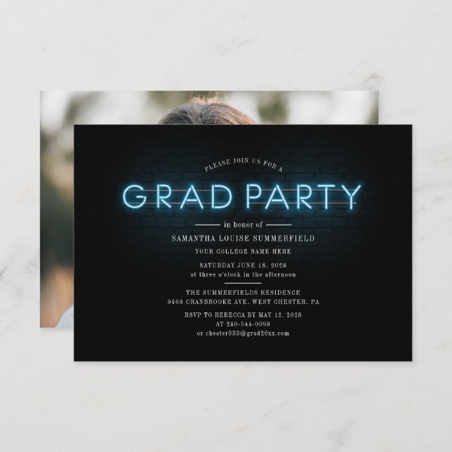 Graduation 2025 Blue Neon Photo Grad Party Invitation (Front/Back)
