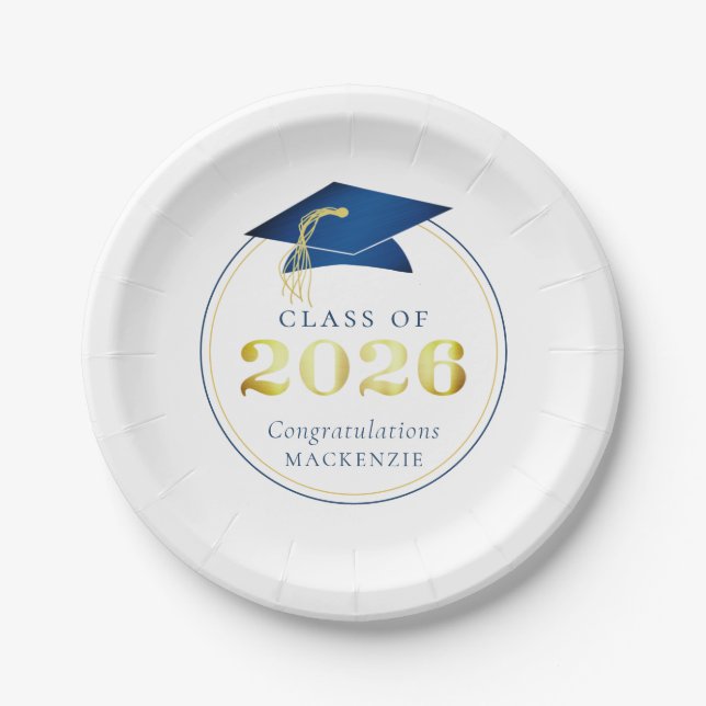 Graduation 2025 Faux Metallic Blue Gold Paper Plate (Front)
