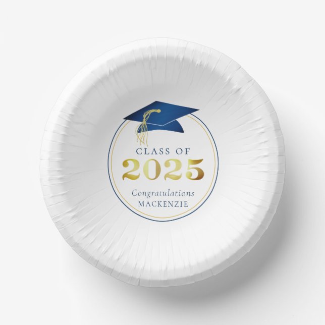 Graduation 2025 Faux Metallic Blue Gold Paper Plate (Front)