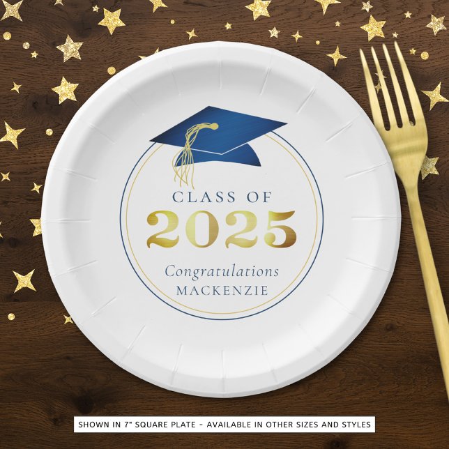 Graduation 2025 Faux Metallic Blue Gold Paper Plate (Creator Uploaded)