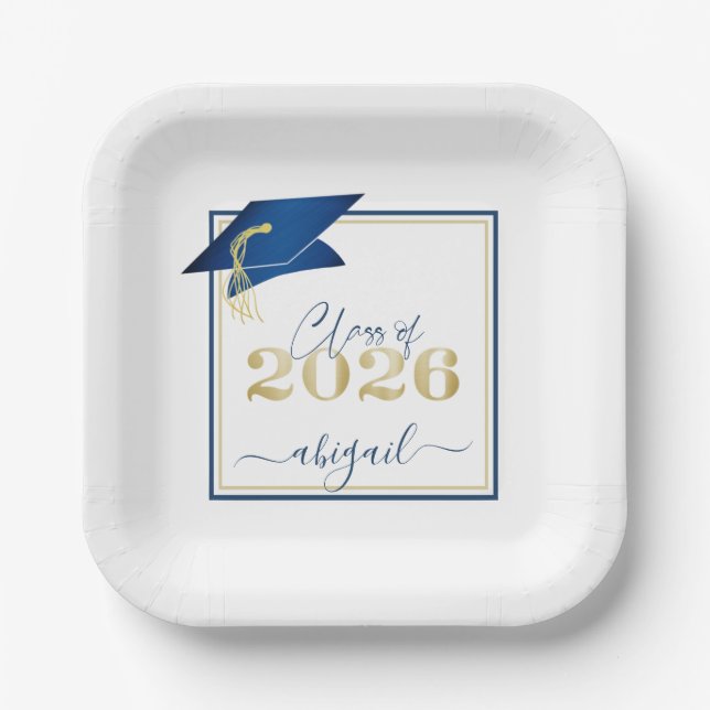 Graduation 2025 Faux Metallic Blue Gold Script Paper Plate (Front)