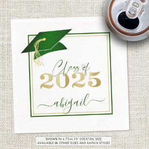 Graduation 2025 Faux Metallic Green Gold Script Napkin