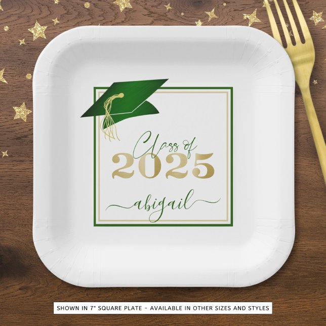 Graduation 2025 Faux Metallic Green Gold Script Paper Plate (Creator Uploaded)