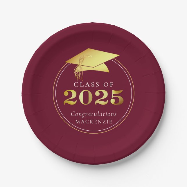 Graduation 2025 Faux Metallic Maroon Gold Paper Plate (Front)