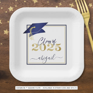 Graduation 2025 Faux Metallic Navy Gold Script Paper Plate