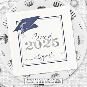 Graduation 2025 Faux Metallic Navy Silver Script Napkin