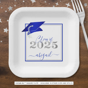 Graduation 2025 Faux Metallic Royal Blue Silver Paper Plate