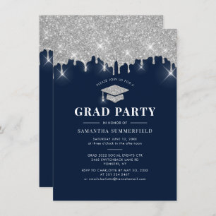 Graduation 2025 Glitter Grad Navy Blue Party Invitation