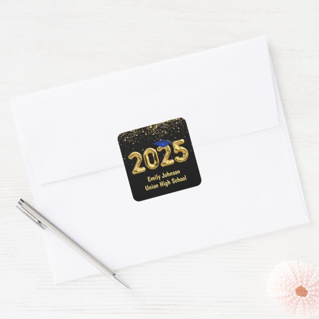 Graduation 2025 Gold Balloons and Blue Cap Square Sticker (Envelope)