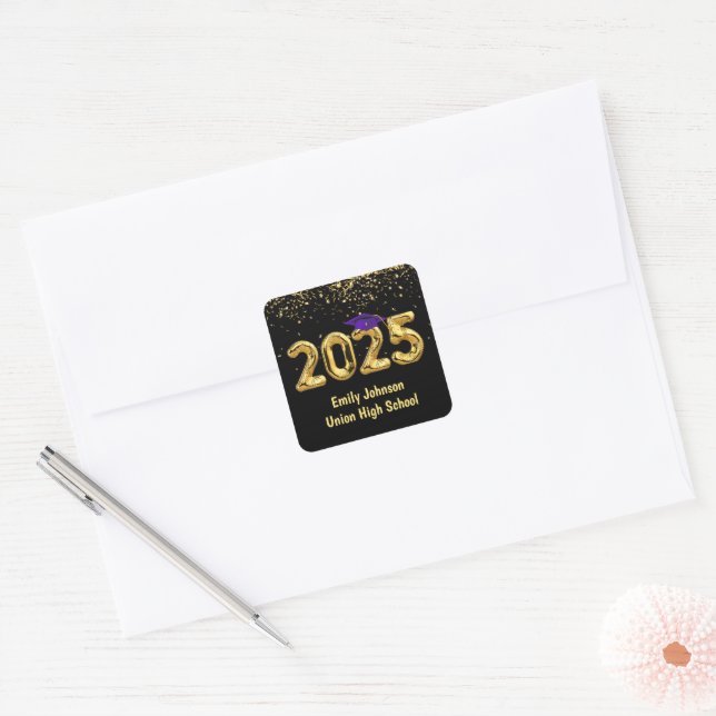 Graduation 2025 Gold Balloons and Purple Cap Square Sticker (Envelope)