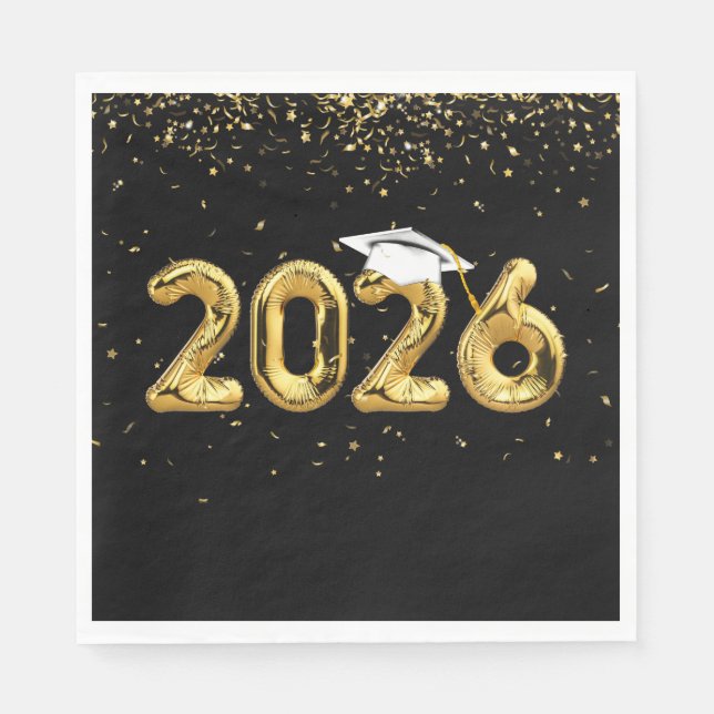 Graduation 2025 Gold Balloons and White Cap Napkin (Front)