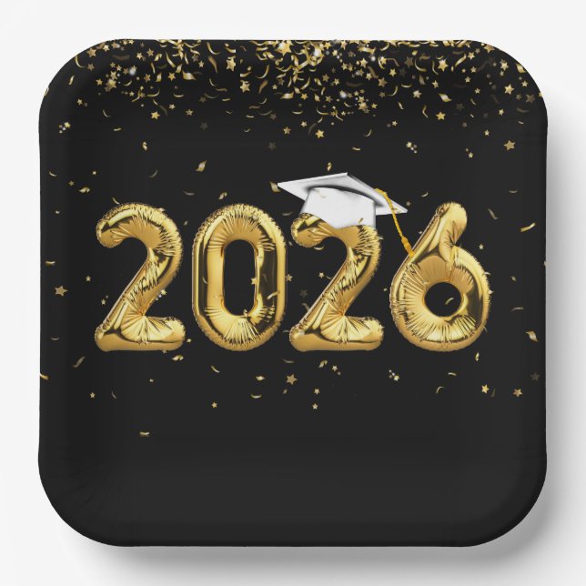 Graduation 2025 Gold Balloons and White Cap Paper Plate (Front)