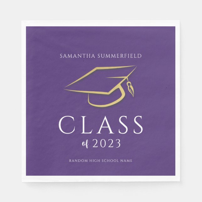 Graduation 2025 Gold Cap Purple Grad Party Paper Napkin (Front)