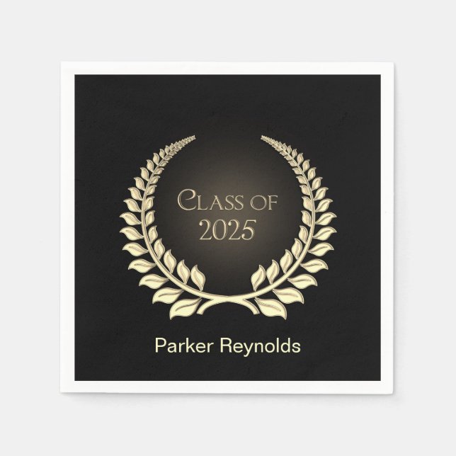 Graduation 2025 Gold Laurel Wreath On Black Napkin (Front)