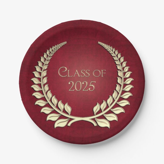 Graduation 2025 Gold Laurel Wreath On Red  Paper Plate (Front)