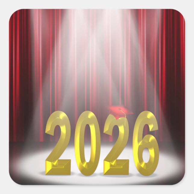 Graduation 2025 in Spotlight With Red Curtains Square Sticker (Front)