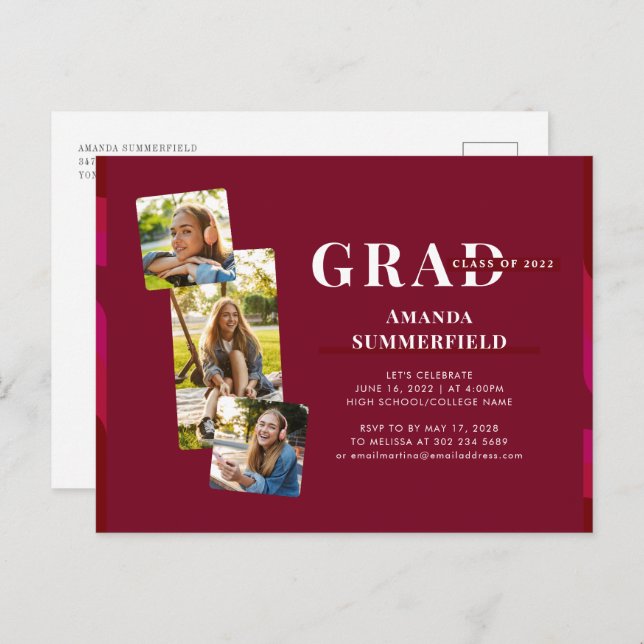 Graduation 2025 Modern 3 Photos Grad Party Invitation Postcard (Front/Back)