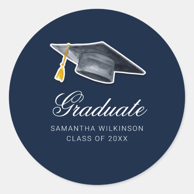 Graduation 2025 Modern Grad Navy Blue Classic Round Sticker (Front)