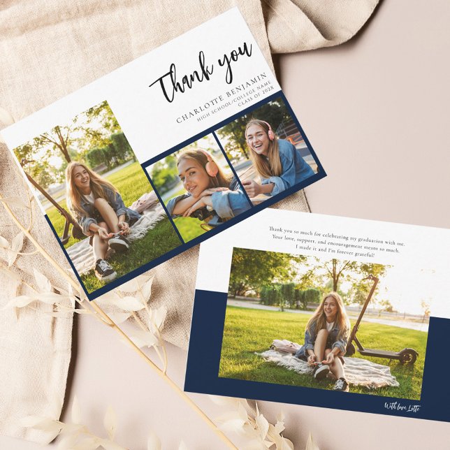 Graduation 2025 Modern Script Graduate Thank You Card (Graduation Party Thank You Card with Photo Collage)