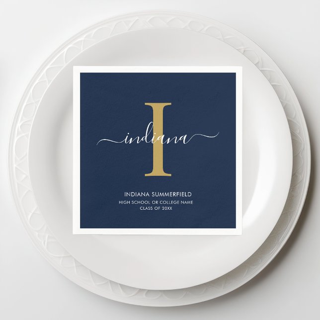 Graduation 2025 Monogram Script Name Grad Party Napkin (Monogram Script Graduation Navy Blue Paper Napkin)
