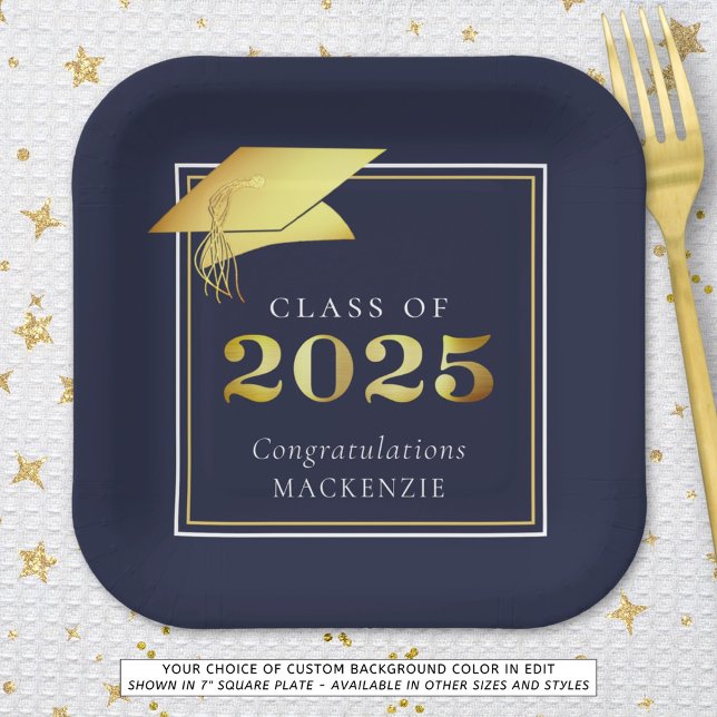 Graduation 2025 Navy Blue Faux Metallic Gold Paper Plate (Creator Uploaded)