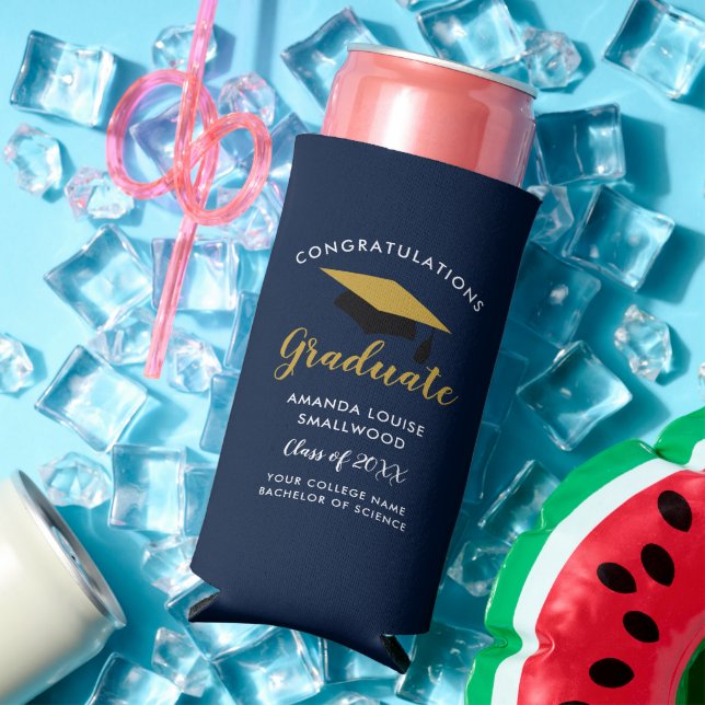 Graduation 2025 Navy Blue Grad Party Seltzer Can Cooler (In Situ Summer)