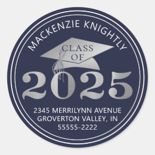 Graduation 2025 Navy Faux Silver Return Address Classic Round Sticker