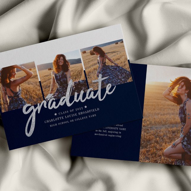 Graduation 2025 Photo Collage Announcement (Graduation Photo Script Navy Blue Announcement)