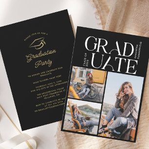 Graduation 2025 Photo Collage Black Graduate Party Invitation