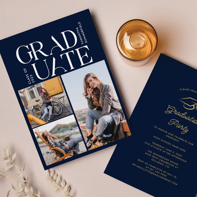 Graduation 2025 Photo Collage Navy Blue Grad Party Invitation (Creator Uploaded)