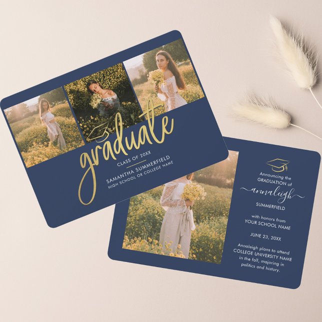 Graduation 2025 Photo Collage Navy Blue Graduate Announcement (Graduation 2024 Photo Collage Script Grad Announcement)
