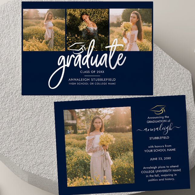 Graduation 2025 Photo Collage Script Navy Silver (Graduation 2025 Script Photos Navy Blue Silver Foil Announcement)