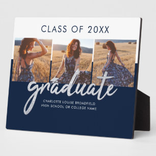 Graduation 2025 Photo Collage Silver Grad Navy Plaque