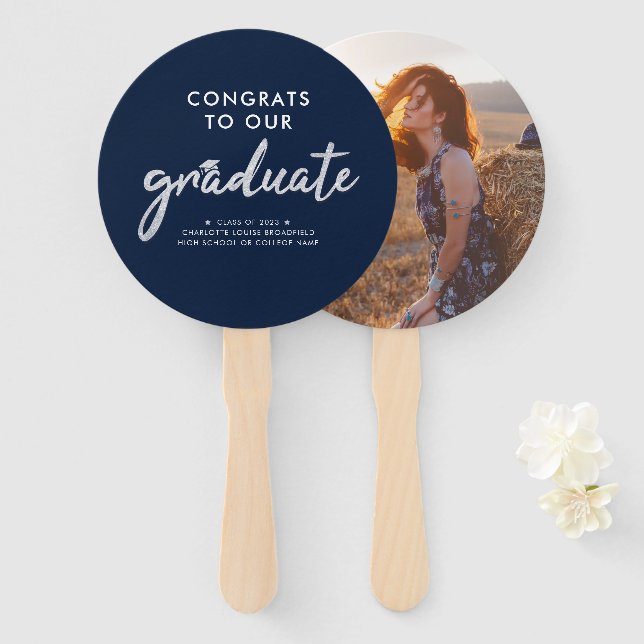 Graduation 2025 Photo Navy Blue Script Grad Hand Fan (Front and Back)