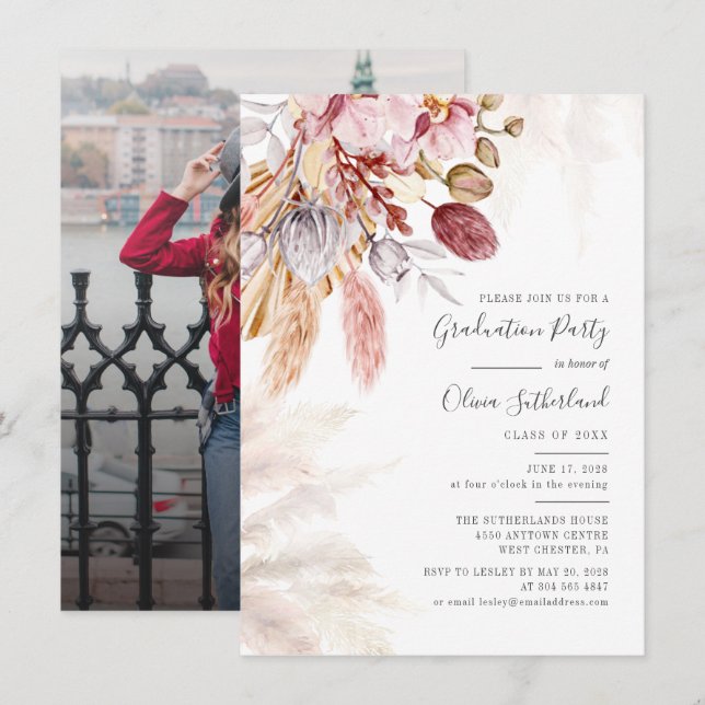 Graduation 2025 Photo Pampas Grass Grad Party Invitation (Front/Back)
