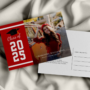 Graduation 2025 Photo Red White Grad Announcement Postcard