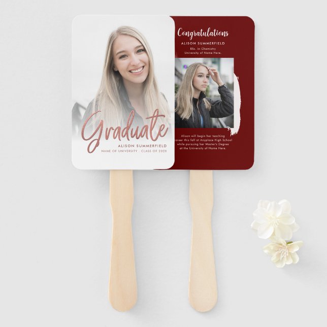 Graduation 2025 Photo White Rose Gold Script Grad Hand Fan (Front and Back)