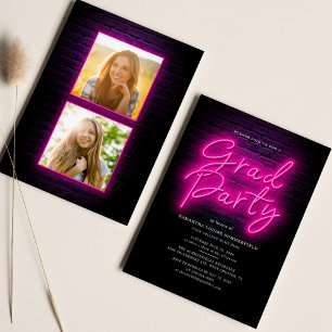 Graduation 2025 Pink Neon Script 2 Photos Party Invitation