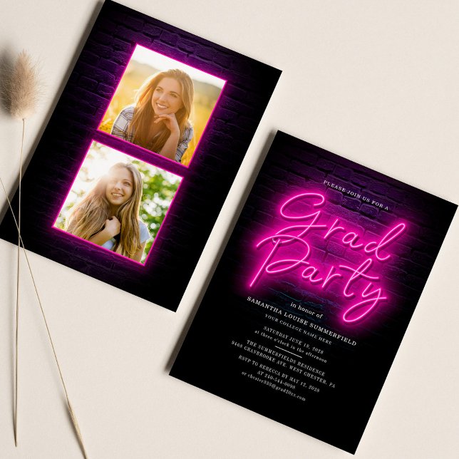 Graduation 2025 Pink Neon Script 2 Photos Party Invitation (Graduation 2 Photos 2024 Pink Neon Script Party Invitation)
