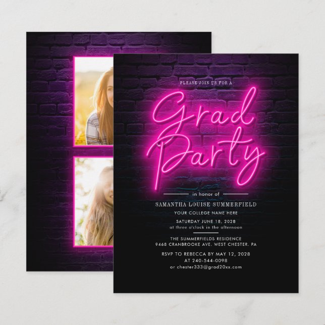 Graduation 2025 Pink Neon Script Photo Grad Party Invitation (Front/Back)